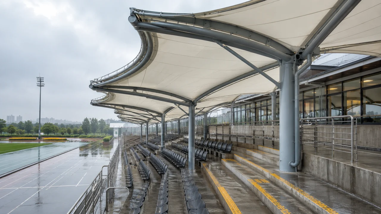Grandstand membrane canopy drainage design