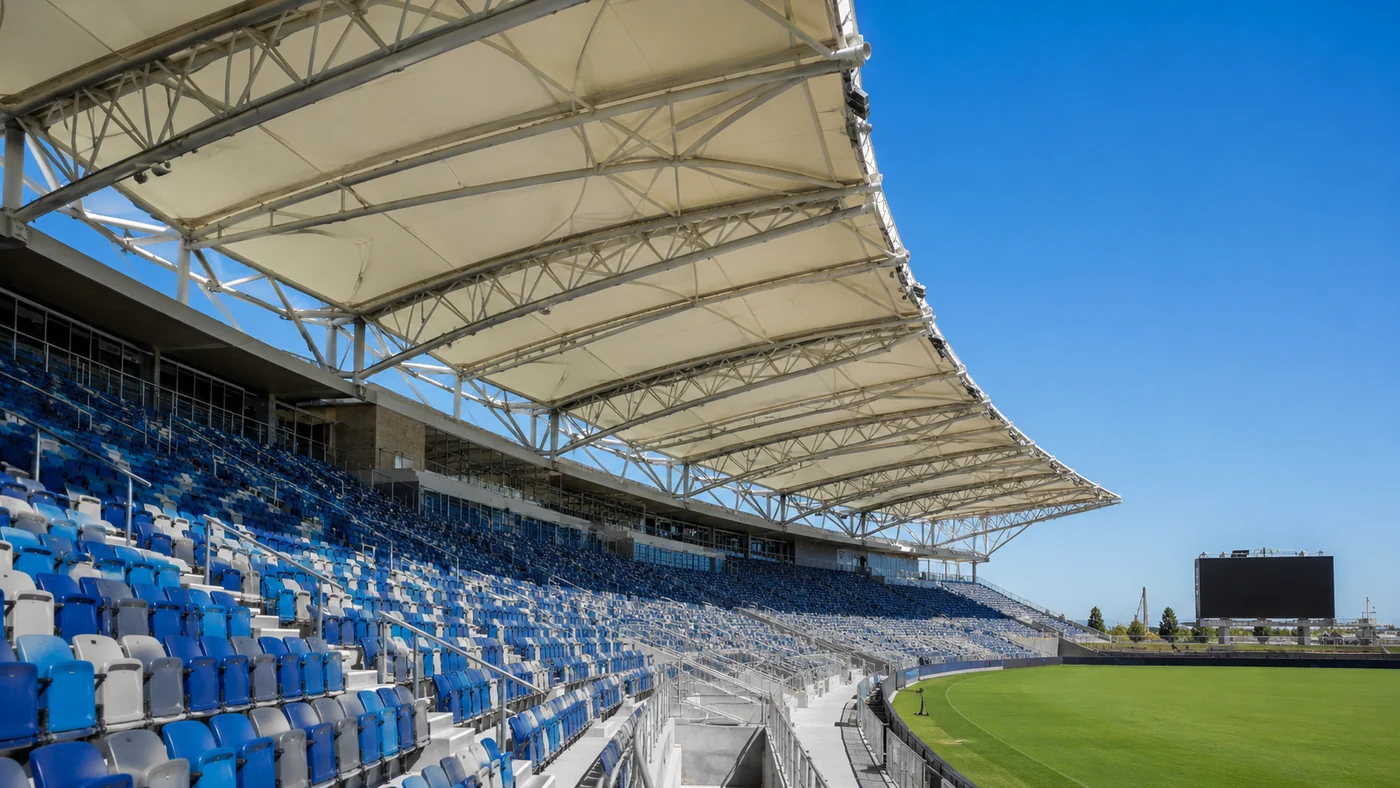 Stadium membrane roof with long span grandstand canopy and clear sightlines