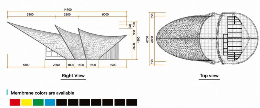 Dimensional drawing of a custom membrane structure hotel project showing right view, top view, roof span and membrane color options.