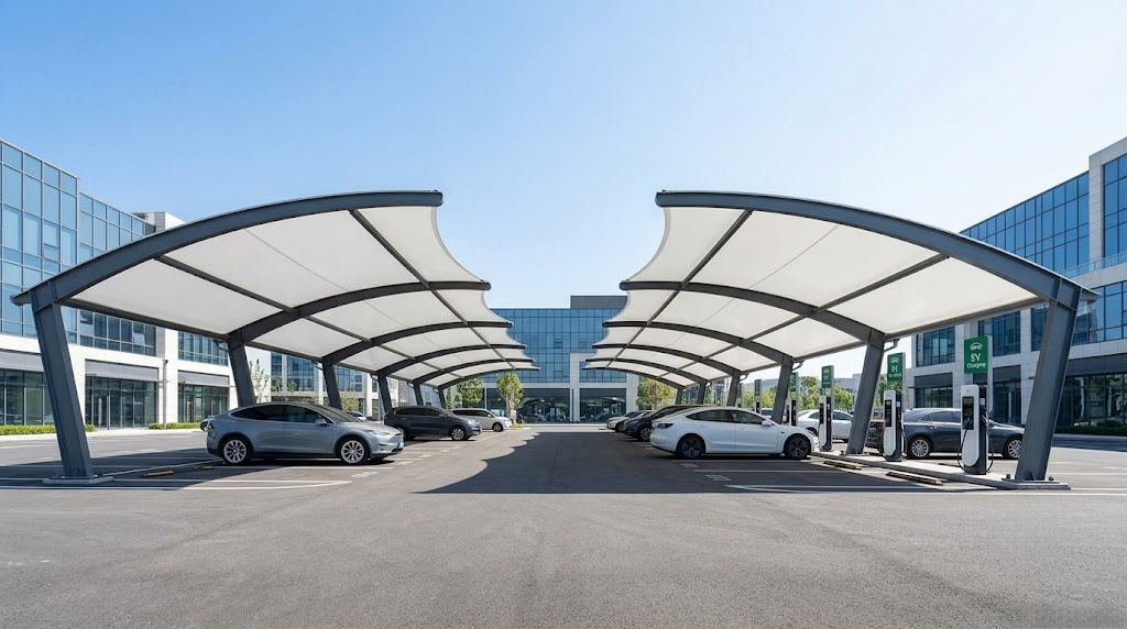 Large-span commercial tensile membrane carport canopy with integrated EV charging stations at corporate office plaza