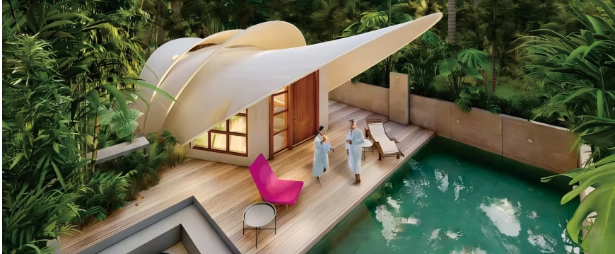 Main view of a membrane structure hotel project in the Philippines with a curved white canopy, wooden deck, and swimming pool.