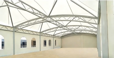 Interior view of the membrane structure project in Sanya, Hainan, showing the steel frame and white roof membrane.