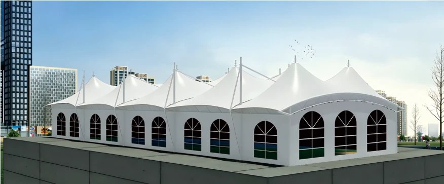 Main rendering of the membrane structure hotel project in Sanya, Hainan, showing a white continuous hood canopy and arched window facade.