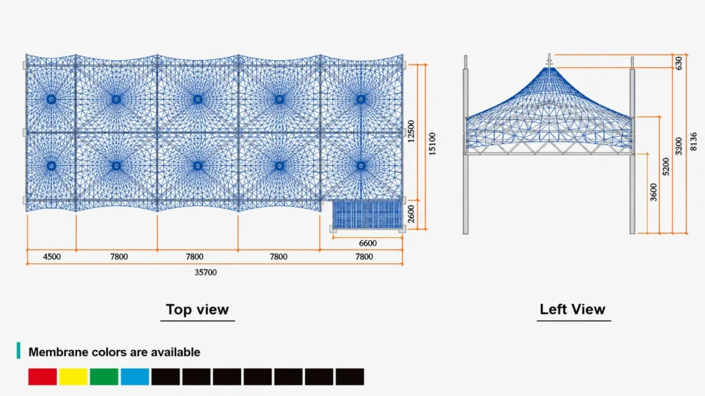 Dimensional drawing of a tensile membrane structure showing top view, left view, structural mesh layout, dimensions and membrane color options.