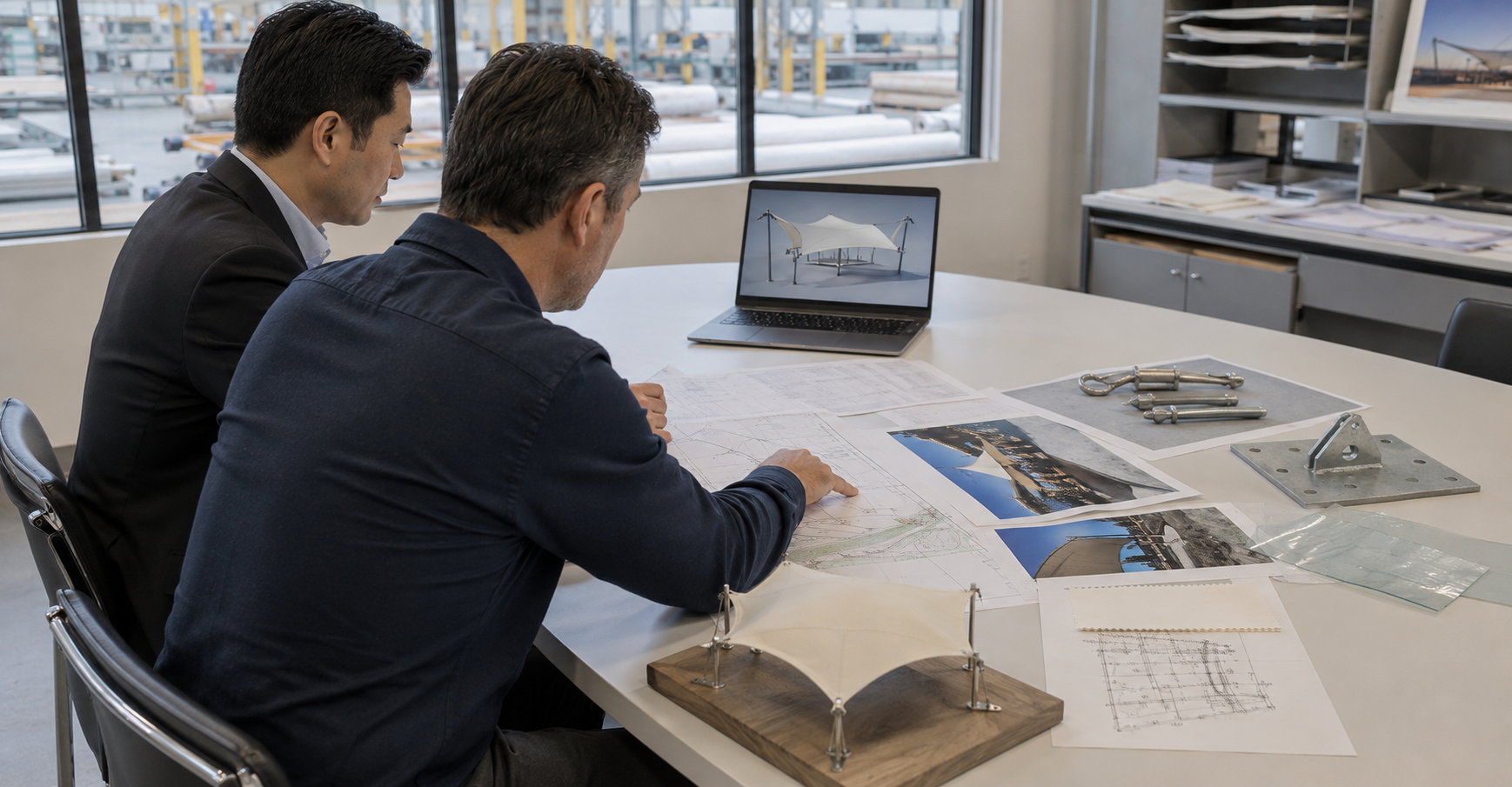 Engineer and construction buyer reviewing a tensile membrane structure RFQ