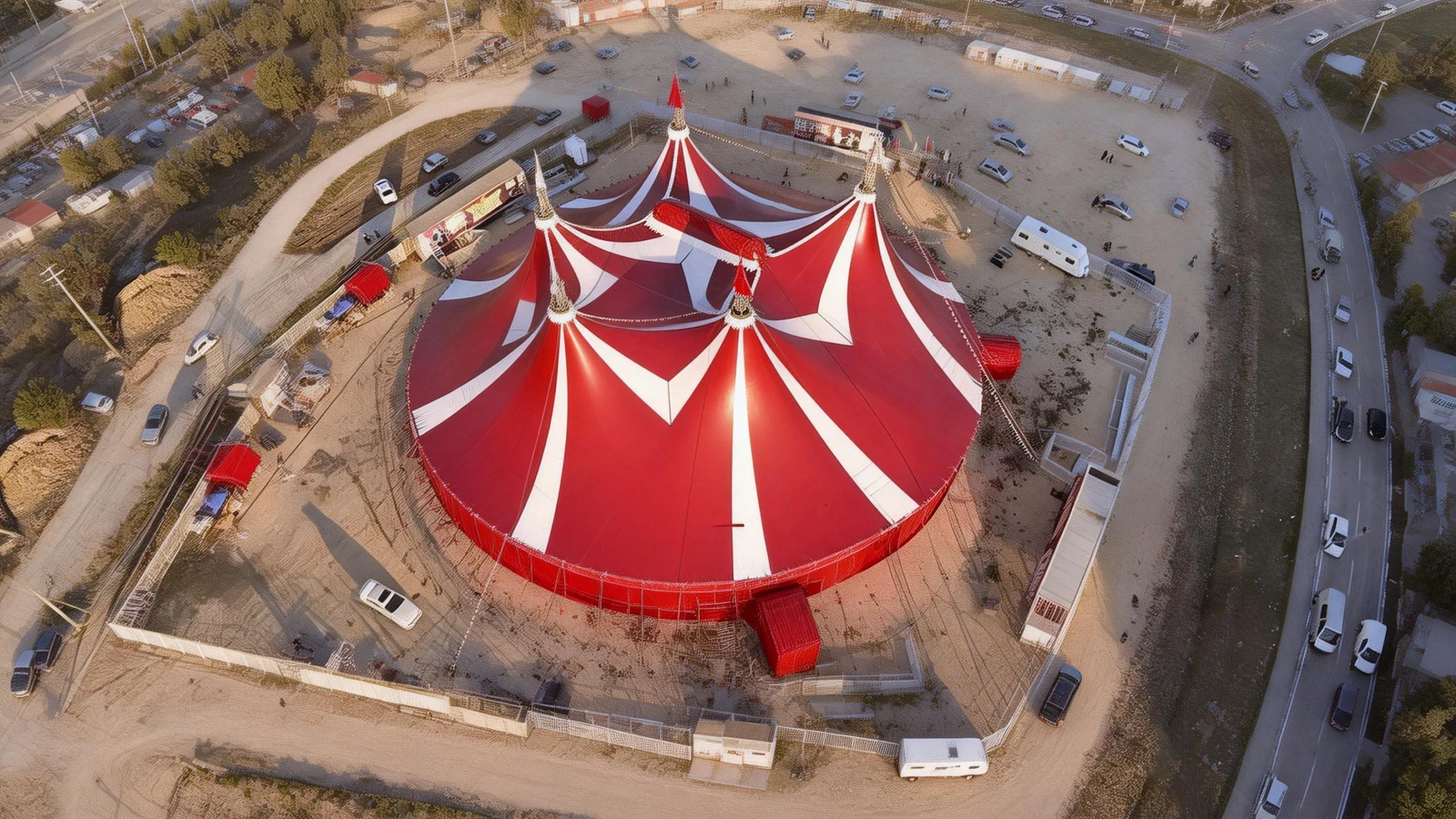Aerial view of a red and white circus big top