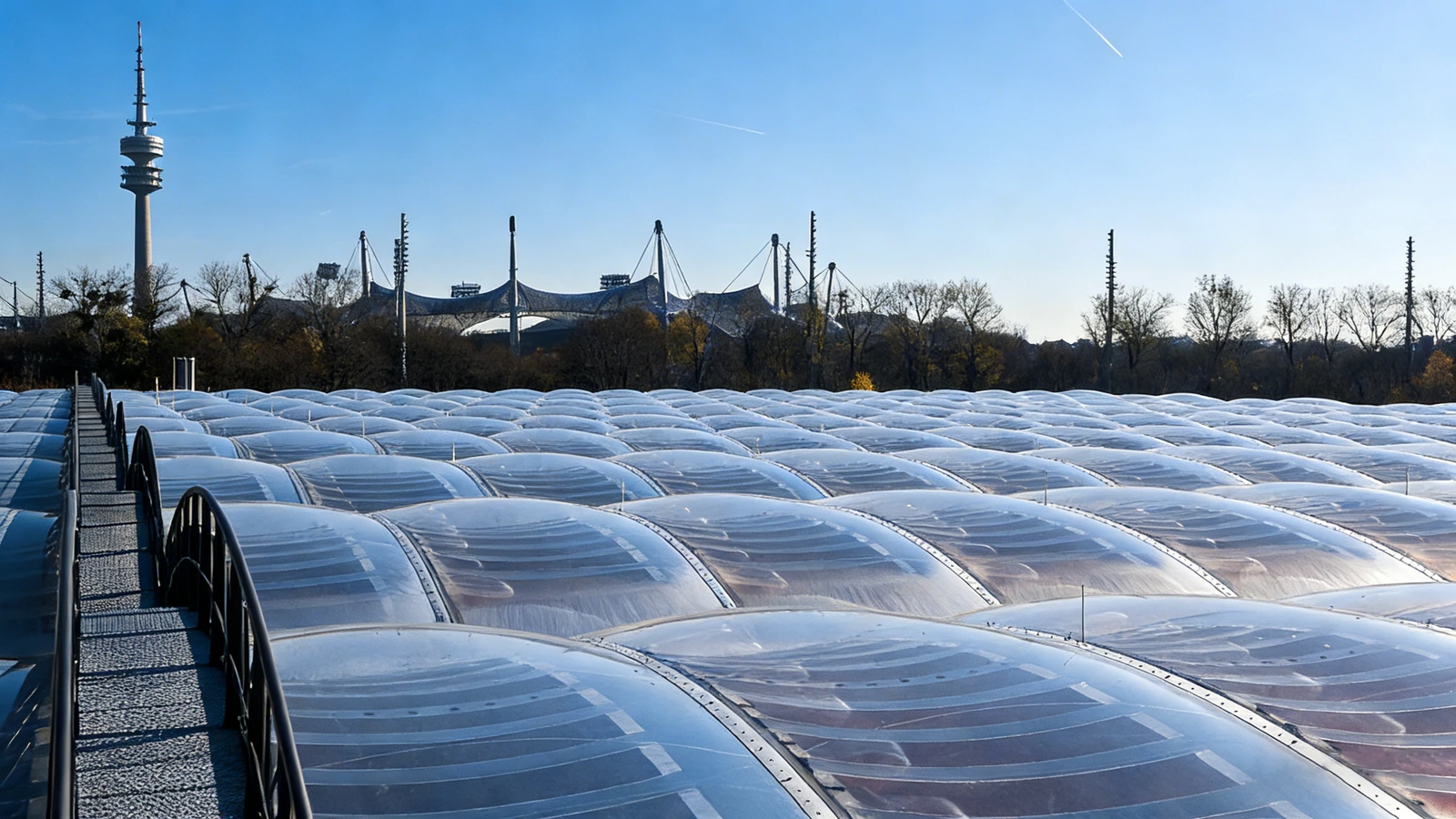 Rows of membrane covers over water treatment basins