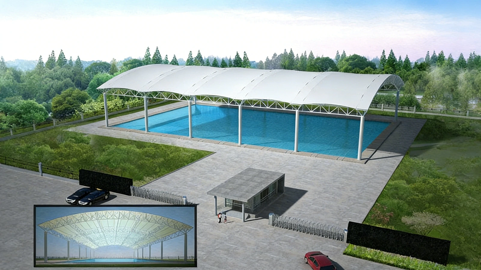 Barrel-vault membrane roof over an outdoor swimming pool