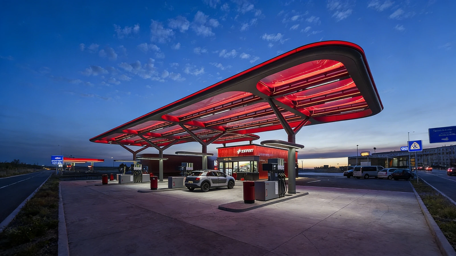 Red angular membrane canopy over a fuel station forecourt