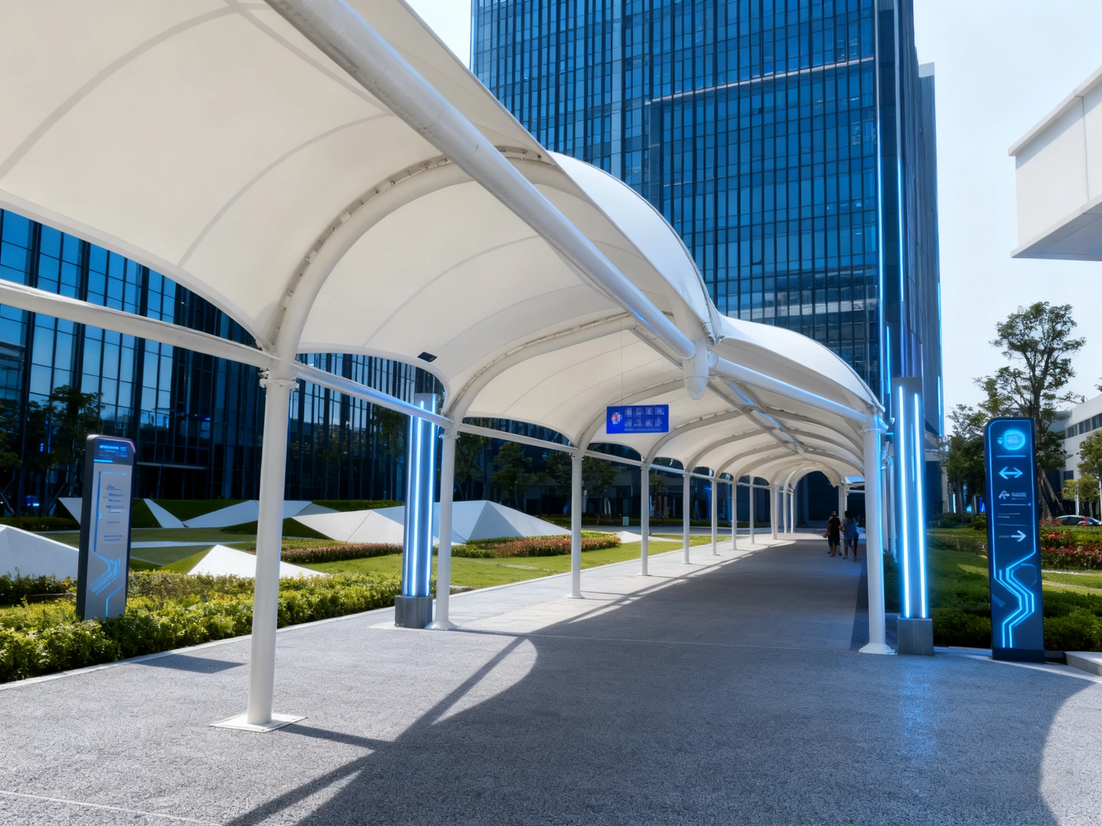 Long barrel-vault membrane canopy over a corporate walkway